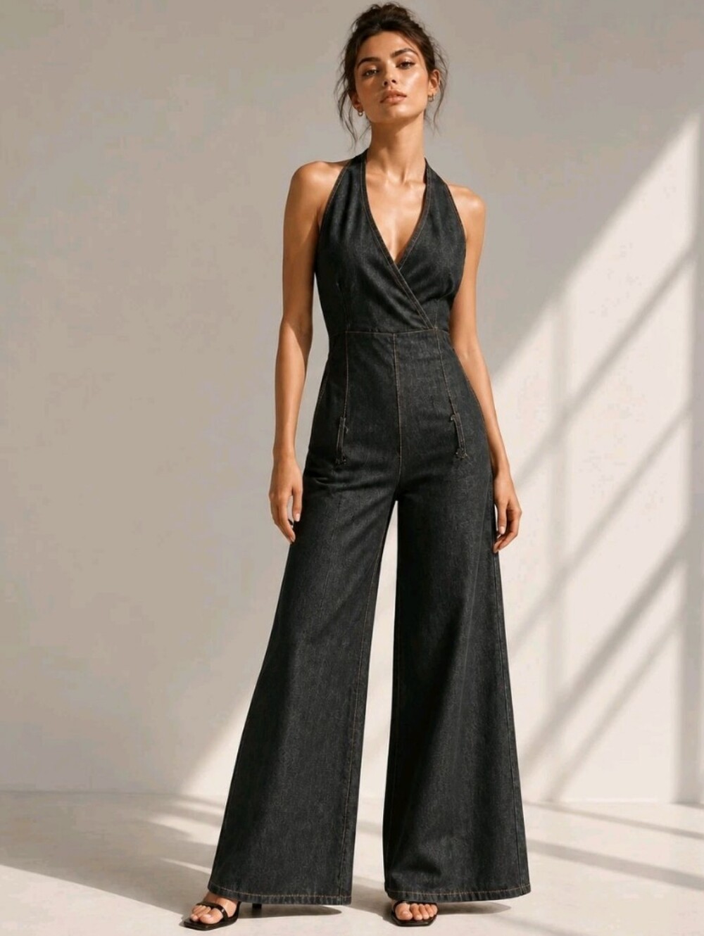 Dark Gray Denim Jumpsuit Halter Wide Leg Retro Boho Size Small Minimalist